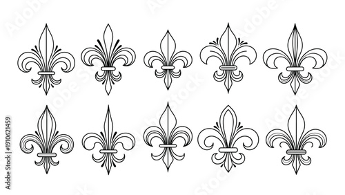 Grid of ten various fleur-de-lis decorative emblems in black and white line art style for heraldic and graphic design projects.