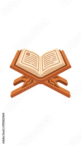Open Holy book on a wooden book stand, a symbol of faith and learning. The book is open, with visible text on the pages. The wooden stand provides a stable base for the sacred text.