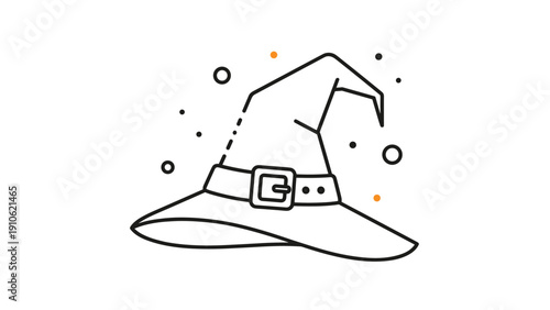 Minimalist line art illustration of a pointed witch hat featuring a buckle and mystical dots and stars for halloween themes on white.