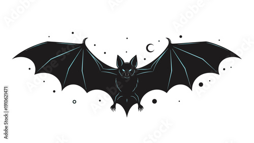 Large black bat illustration with outstretched wings and blue glowing eyes surrounded by small circles and a crescent moon.