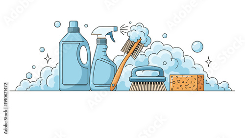 Collection of essential household cleaning supplies including detergent bottles, spray, brushes, and a sponge amidst soap bubbles and sparkles.