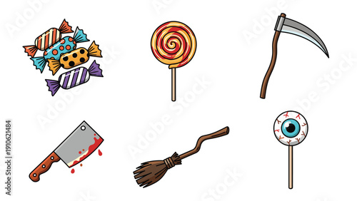 Diverse set of halloween themed icons featuring assorted candies, a lollipop, a scythe, a bloody cleaver, a broom, and an eyeball on a stick.