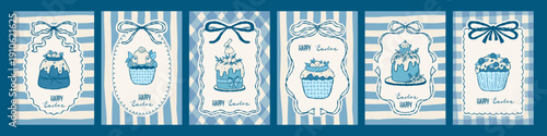 Cute vintage hand drawn Easter cake banners with vintage rectangle ink frames set. Coquette vector doodle greeting card design template