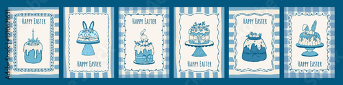Elegant retro hand drawn Easter cake posters with vintage rectangle ink frames set. Whimsical vector outline greeting card design