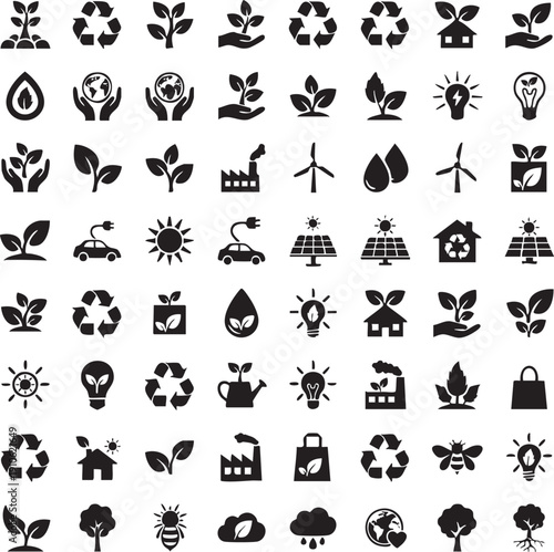 Renewable Energy and Environmental Sustainability Icon Set Silhouettes