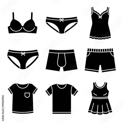 Stylized Female Underwear & Loungewear Icon Set – Black Silhouettes of Bikinis, Boxer Briefs, Crop Tops, Camisoles & Intimates

