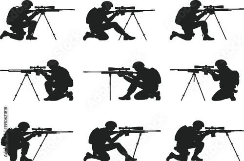 Military sniper soldier silhouette set aiming with rifle isolated on white background, tactical army marksman vector illustration collection design