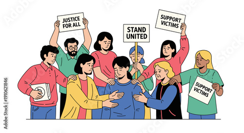 Diverse group of people holding protest signs advocating for justice, support for victims, and unity in a powerful demonstration.