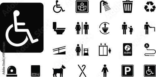Public Accessibility and Facility Icons Vector Set: Restroom, Shower, Trash, Recycling, Disabled, Elevator, Parking, Pet Friendly