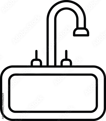 Simple line drawing of a sink with a faucet and handles