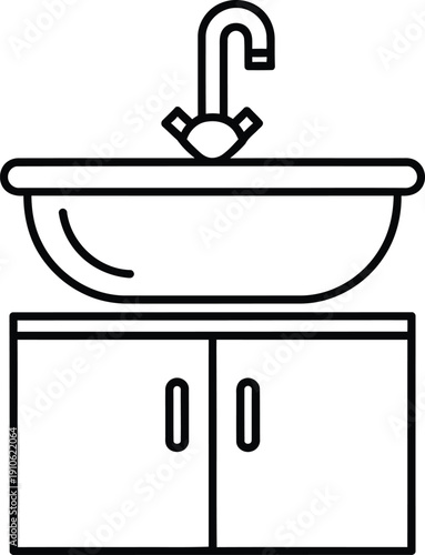 Simple line drawing of a bathroom sink with faucet and cabinet underneath.