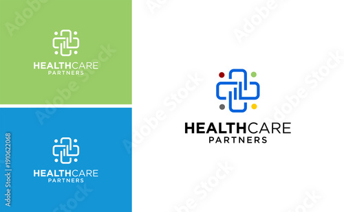 Healthcare Partners Logo Icon Vector with Modern Medical Cross Symbol and Colorful Dots for Clinic Hospital Corporate Branding Identity Design