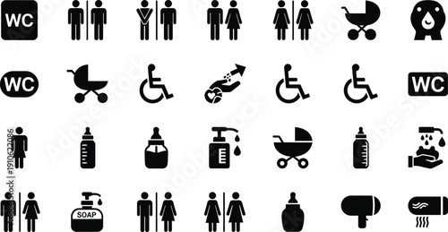 Public restroom vector icon set. WC, baby changing, disabled access, male, female, gender neutral, baby stroller, hand wash symbols, isolated on white