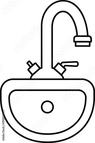 A simple line drawing of a bathroom sink with a faucet and drain.