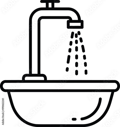 A simple line drawing of a sink with water flowing from the faucet into the basin.