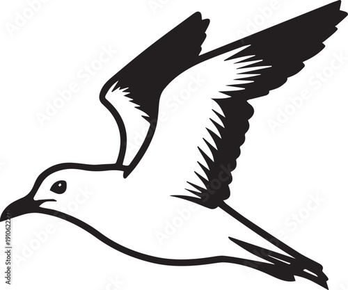 A minimalist, graphic representation of a seagull in full flight, captured in a clean and elegant vector style, gliding through the air with effortless grace.
