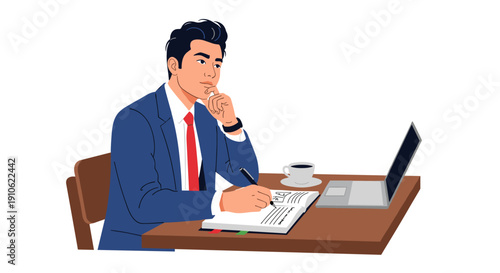 Thoughtful businessman in a blue suit and red tie, working diligently at a wooden desk with a laptop and coffee cup.