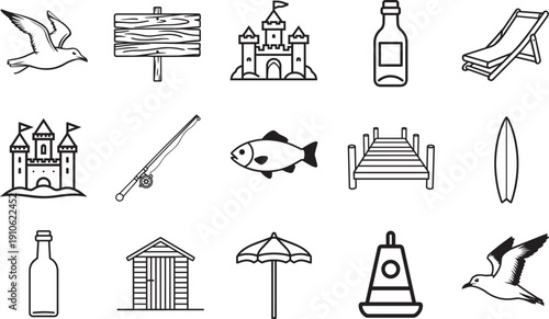 Beach vacation icons collection in drawing style, showcasing summer-related objects.