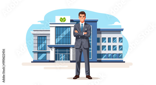 Confident businessman in a sharp suit standing with folded arms in front of a modern corporate office building, symbolizing success and leadership.