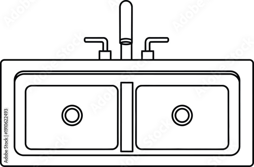A simple line drawing of a double sink with a faucet and handles.