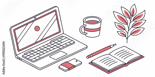 A laptop, notebook, and coffee cup on a table with autumn leaves