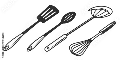 Assorted kitchen utensils displayed in a row with different shapes and functions