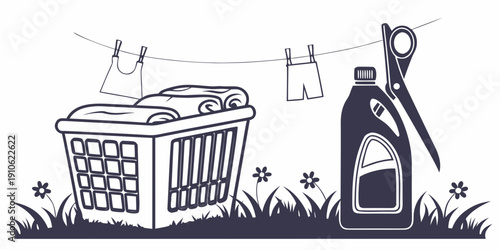 A laundry basket filled with clothes next to a bottle of fabric softener and a clothesline.