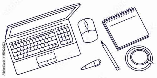 A desk setup with a laptop, notebook, pen, and mouse for productivity.