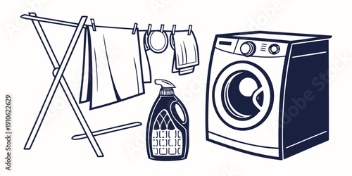 Laundry room with washing machine, drying rack, and detergent bottle