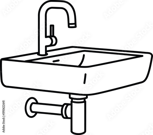 A simple line drawing of a wall-mounted sink with a faucet.