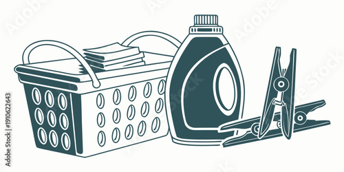 Laundry basket with detergent bottle and various cleaning tools