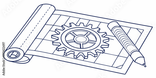 A blueprint of a mechanical gear system with drafting tools on a rolled up paper.