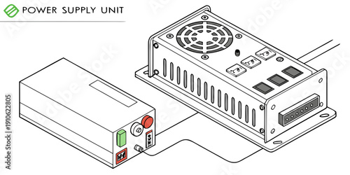 A detailed diagram of a power supply unit with its components and connections