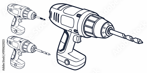 Three different types of cordless power drills with various attachments