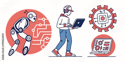 A person and a robot working together on a computer with gears and qr code in the background.