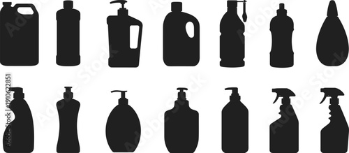 Plastic bottle container silhouette set isolated on white background, cleaning and cosmetic packaging vector illustration collection design