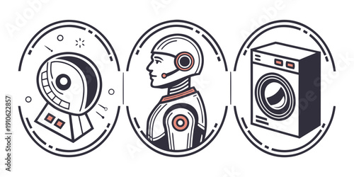 Vintage washing machine, robot, and radio in a circular arrangement