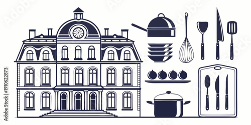A grand building with various cooking utensils and ingredients surrounding it.