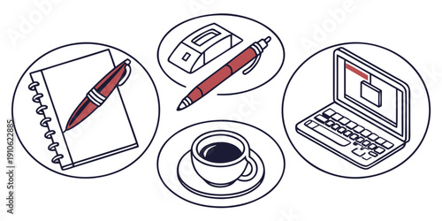 A creative workspace with a notebook, pencil, laptop, and coffee.