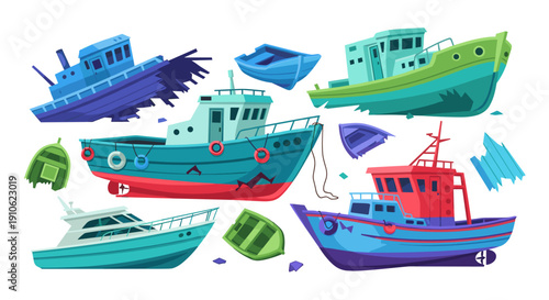 A vibrant collection of cartoon fishing boats and damaged shipwrecks, depicting various marine vessels and nautical themes on a white background.