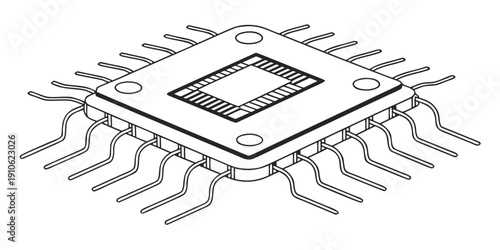 A detailed illustration of a microchip with multiple connecting pins.