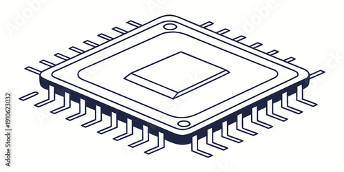A detailed illustration of a microchip with multiple pins extending from its sides
