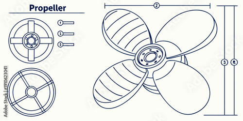 Technical illustration of various propeller designs and their dimensions