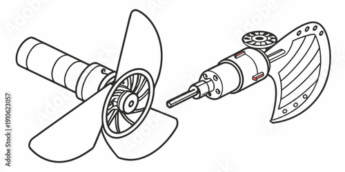 A detailed illustration of a propeller and a drill bit used in various mechanical applications.