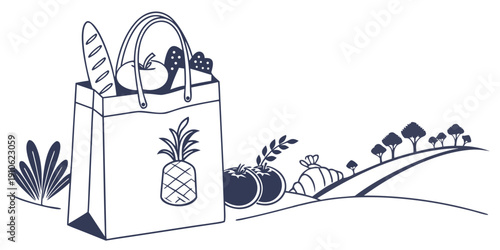 A bag filled with various fruits and vegetables on a path.