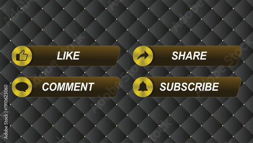 Four golden-brown social media interaction buttons on a dark quilted background, featuring like, share, comment, and subscribe options.