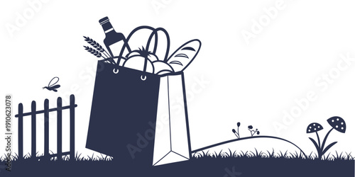 A whimsical illustration of a shopping bag filled with various items and a bird perched nearby