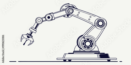 A detailed illustration of a robotic arm with a gripper on a flat surface
