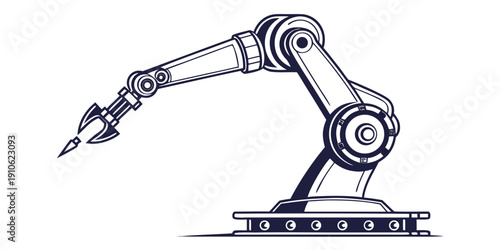 A detailed illustration of an industrial robotic arm with a welding torch attachment