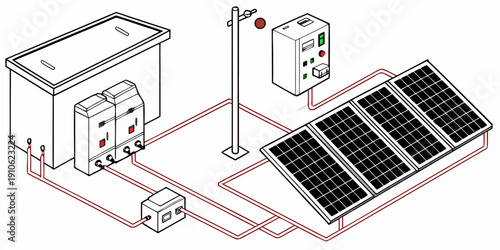 Solar power system diagram showing solar panels connected to a battery and inverter
